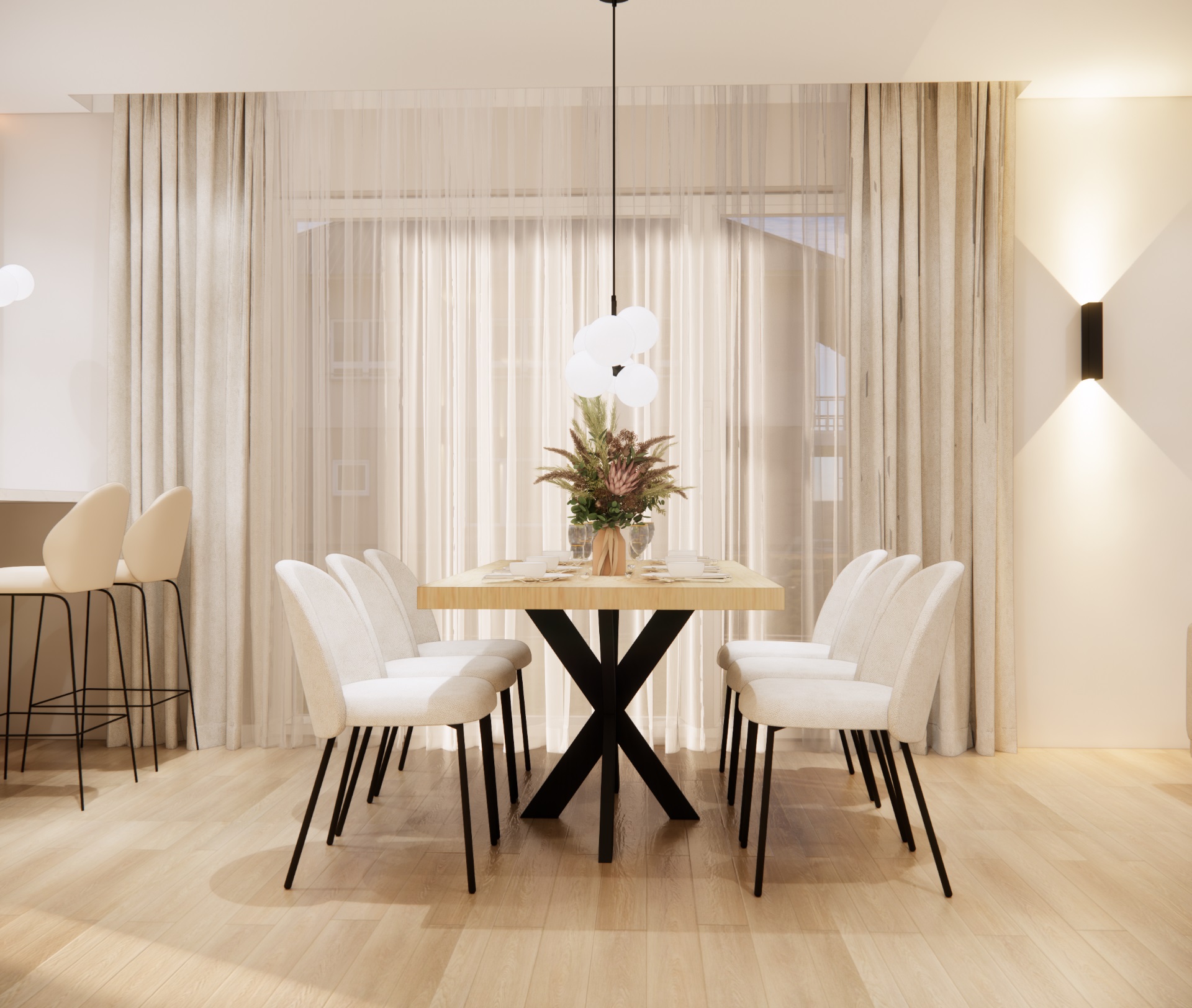 Jadalnia w stylu nowoczesnym z drewnianym stołem i tapicerowanymi krzesłami, połączona z salonem